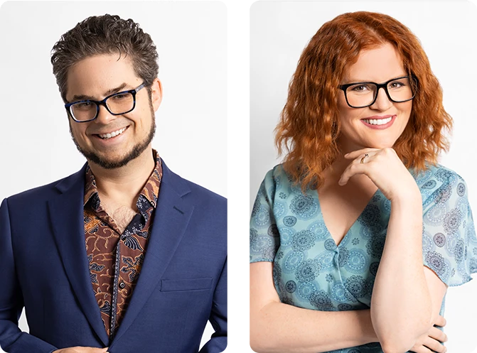 Professional portraits of Avram and Rachel Gonzales appear side by side, showcasing the founders of Building Blocks Digital in a clean studio setting.